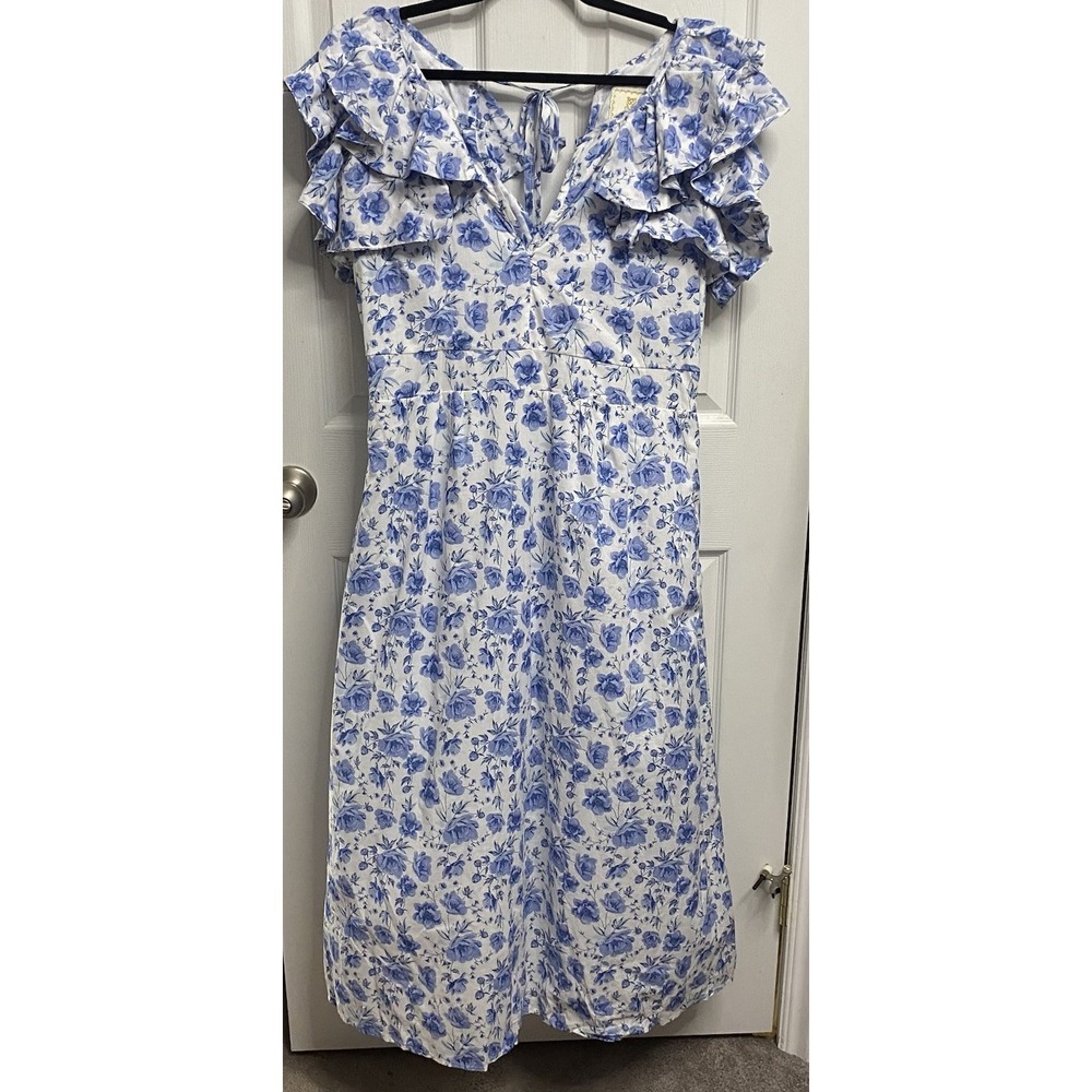 Simply Southern Women Maxi Summer Dress Blue/White Floral Lined Lightweight Sz.L
